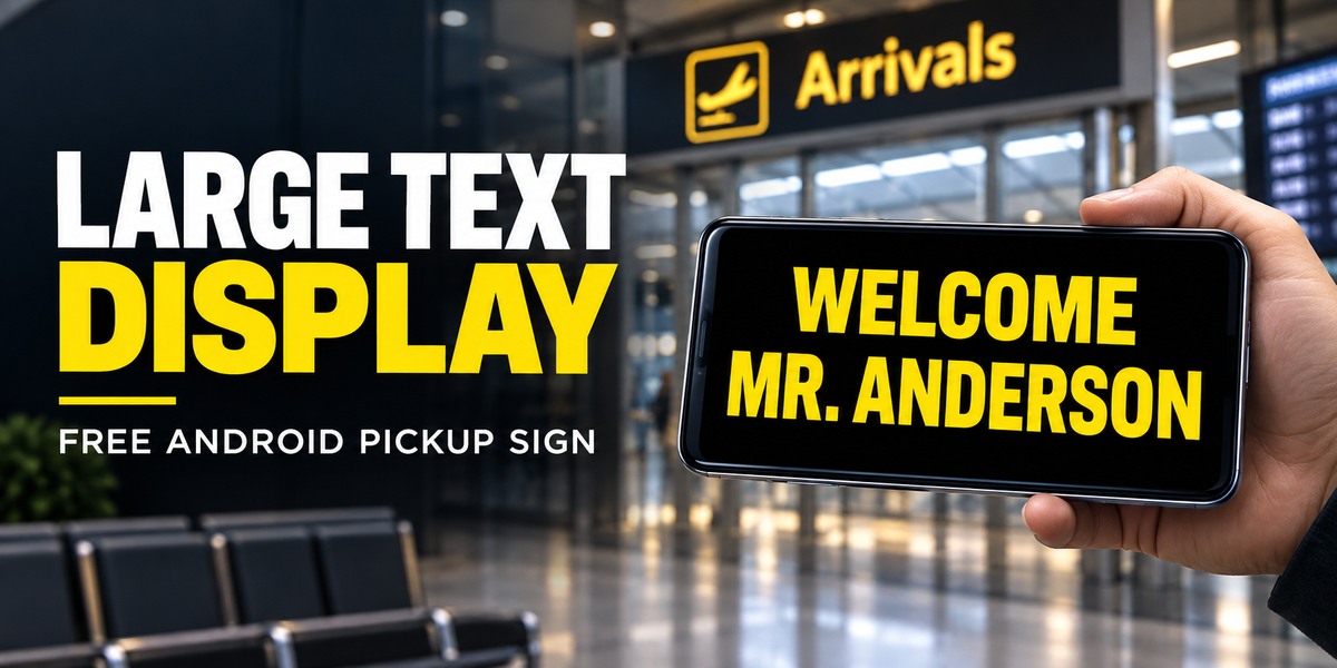Large Text Display pickup sign shown on a phone at airport arrivals